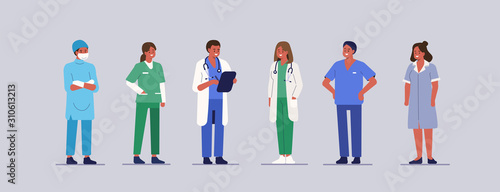 People characters work in Hospital. Nurse, Doctor Therapist, Surgeon and Other Medical Staff Standing Together. Male and Female Medical Characters Set. Flat Cartoon Vector Illustration. 