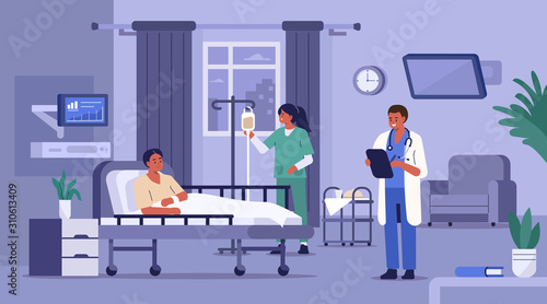 Hospitalized Patient Lying in Hospital Bed. Medical Staff Visiting him. Nurse Setting Up Dropper. Doctor Checking Medical Chart. Hospital Room with Modern Equipment. Flat Cartoon Vector Illustration. photo