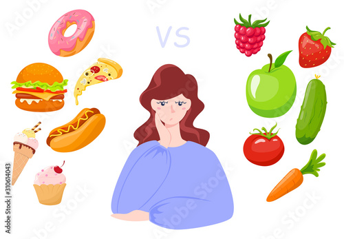Young female character choosing between healthy and unhealthy food.
