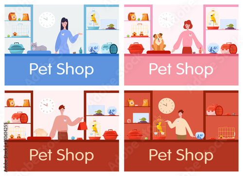 Pet shop counter interior with male and female worker seller.