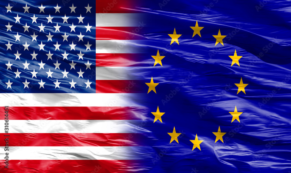 Flag of United States of America and flag of European Union- negotiations between E.U and U.S.A , silky texture, wavy Flag of United States of America and flag of European Union- negotiations between E.U and U.S.A , silky texture, wavy