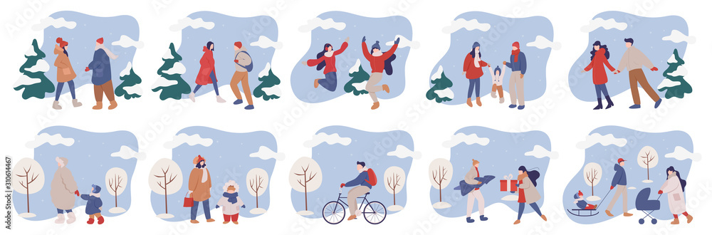 Fototapeta premium Set of isolated vector illustration of people wearing warm winter clothes.