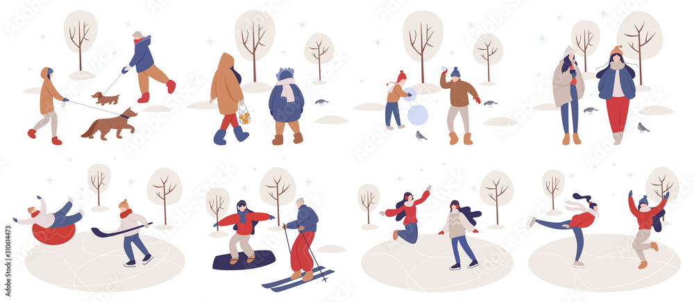 People spend time outdoot at winter. People in warm clothes