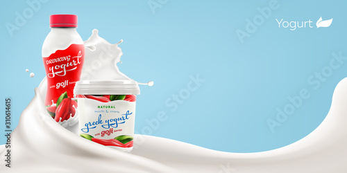 Drinking and greek yogurt with natural goji berries taste and flavor with splashing milk swirl commercial realistic branding ready vector mock-up illustration for ads and product design