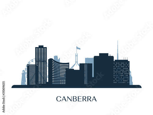 Canberra skyline, monochrome silhouette. Vector illustration.