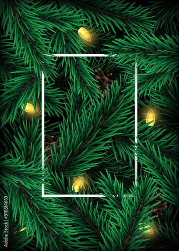 Realistic christmas tree branches design. Vertical frame with pine branches and light garland. Good for social media  flyers and posters.