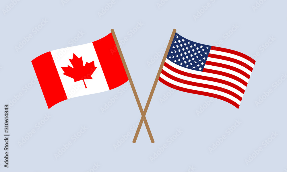 US and Canada crossed flags on stick. American and Canadian national ...