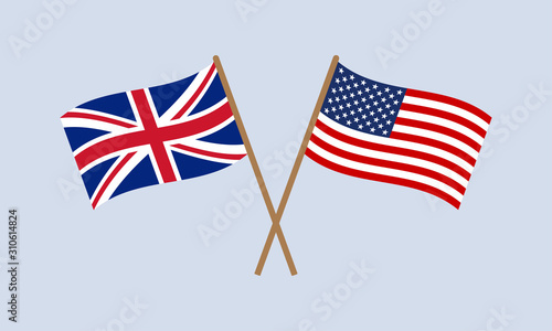 UK and US crossed flags on stick. American and British national symbol. Vector illustration.