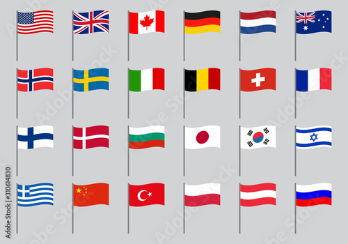 Flag icon set. Waving flags of different countries of the world on stick or pole. Vector illustration.