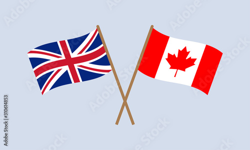 UK and Canada crossed flags on stick. British and Canadian national symbol. Vector illustration.