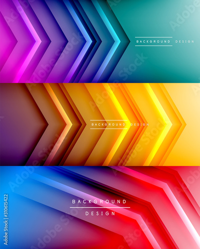 Set of arrow lines, technology digital templates with shadows and lights on gradient backgrounds. Trendy simple fluid color gradient abstract backgrounds with dynamic straight shadow lines effect