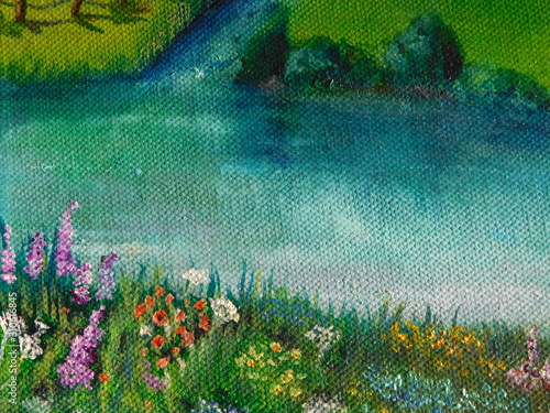 Joli paysage de peinture à l'huile avec premier plan fleuri, fleuve et champs