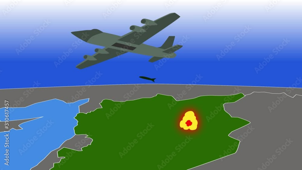 2D animation, grey bomber flying over green country and dropping bombs ...