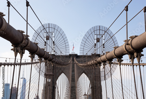 Detail view of Brooklyn Bridge's suspender cables and wires next to one of its towers. Taken in New York City on September the 28th, 2019