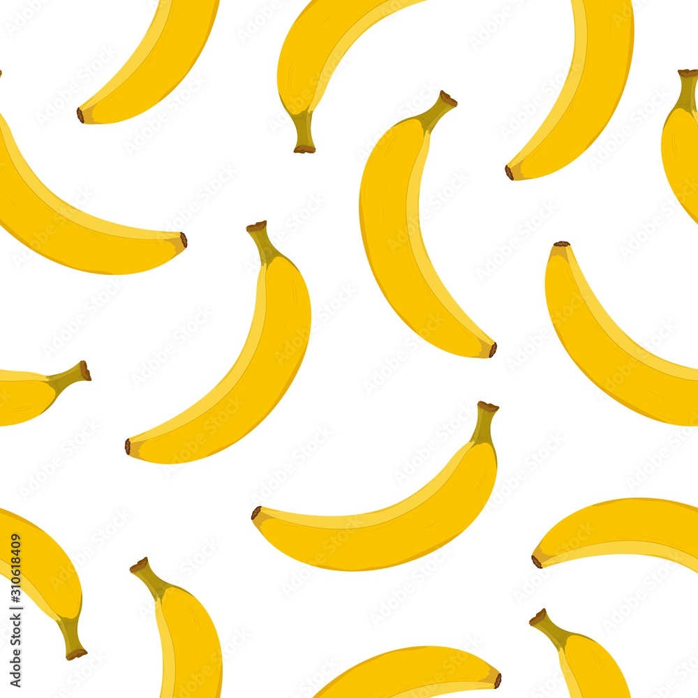 Vector seamless pattern with cartoon yellow banana fruits on white background. Summer tropical pattern for print, textile, season wrapping paper, brochure. Tropic floral template, exotic cover.