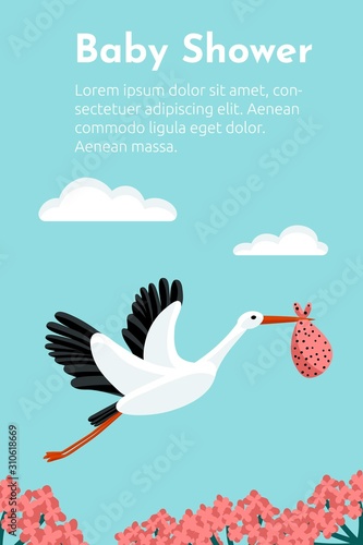 Baby shower invitation with stork flying and carrying a bundle.