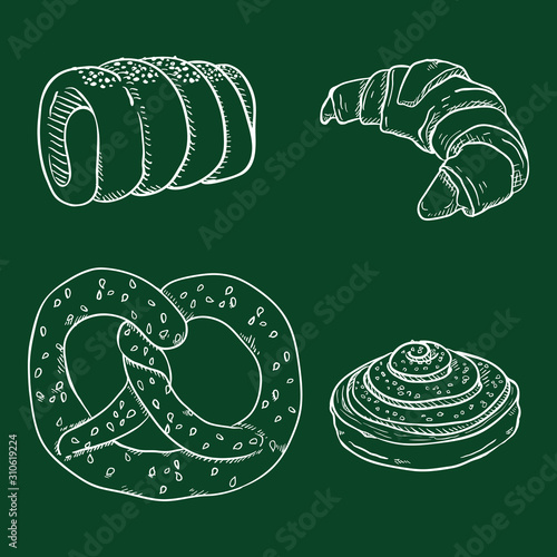 Vector Chalk Sketch Set of Fresh Baked Pastry Items. Desserts and Snacks.