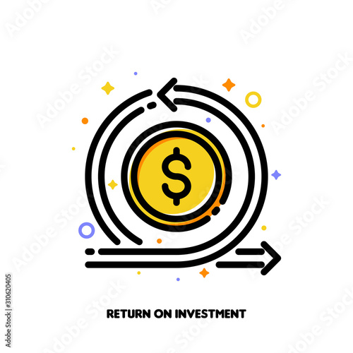 Icon of dollar and loop arrow for return on investment or currency exchange concept. Flat filled outline style. Pixel perfect 64x64. Editable stroke