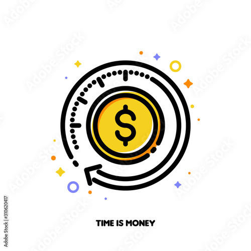 Icon of finance service with clock and dollar for time is money or fast payment transfer concept. Flat filled outline style. Pixel perfect 64x64. Editable stroke