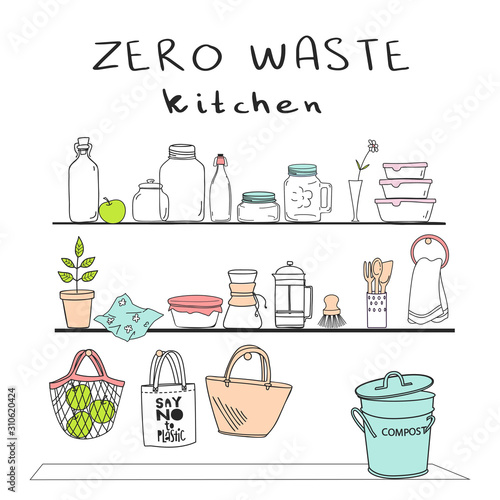 Hand drawn elements of zero waste kitchen life in vector