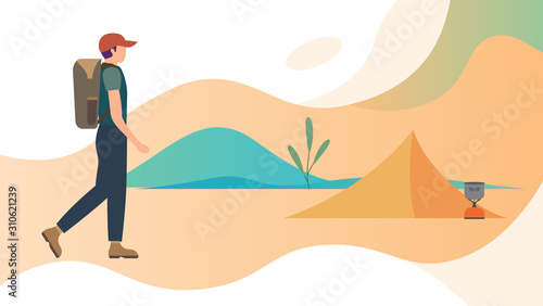 Sunny day landscape illustration in flat style with tent, campfire, mountains, forest and water. Background for summer camp, nature tourism, camping or hiking design concept.