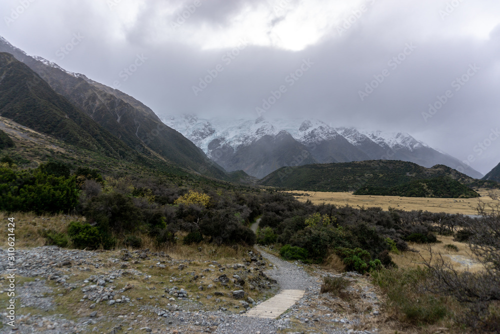 Hiking to Mount Cook under the extremely cloudy weather Hiking to Mount Cook under the extremely cloudy weather