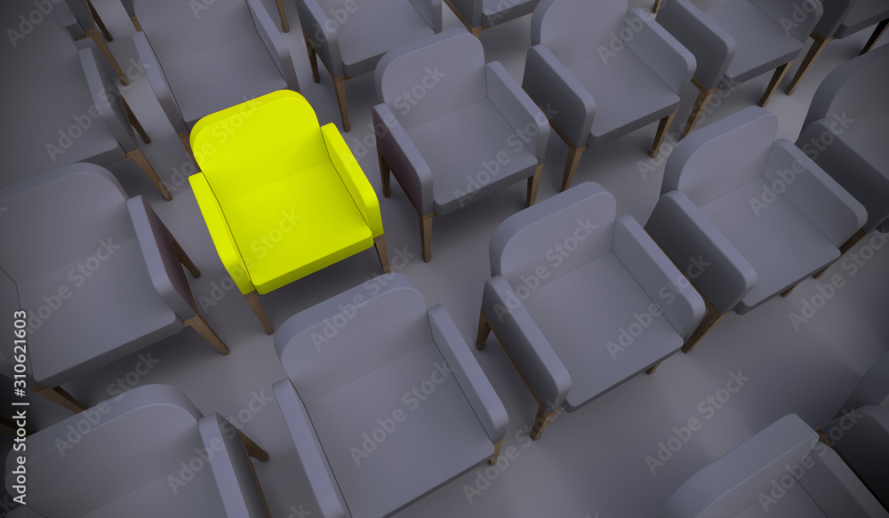 Concept or conceptual yellow armchair standing out in a  conference room as a metaphor for leadership, vision and strategy. A 3d illustration of individuality, creativity and achievement - obrazy, fototapety, plakaty 