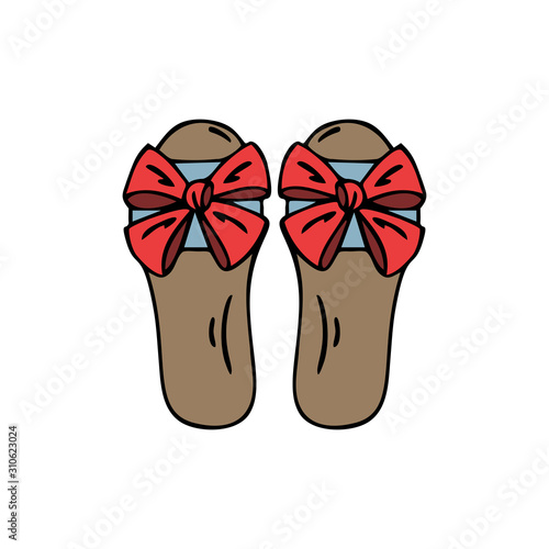 Single hand drawn women's shoes slippers with bow, isolated on white background. Doodle, simple outline illustration.