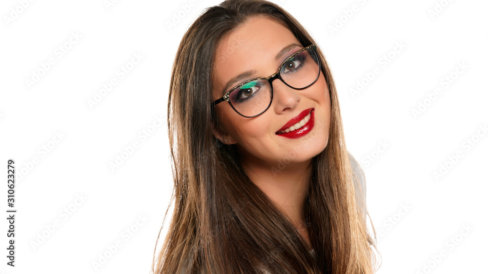 beautiful woman with glasses and makeup on white background beautiful woman with glasses and makeup on white background