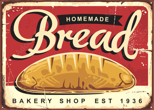 Homemade bread vintage ad or sign design for traditional bakery shop with whole bread on red background. Baked goods store retro poster template. Food vector illustration.