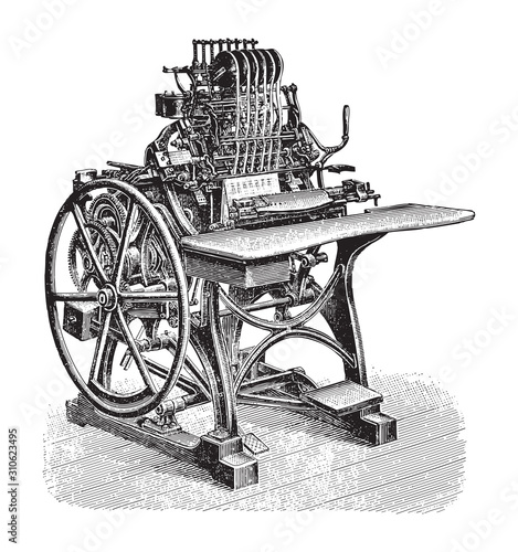 Old bookbinding - booksewing machine / vintage illustration from Brockhaus Konversations-Lexikon 1908