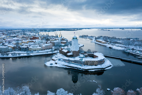 Vyborg castle in winter photo top view. photo