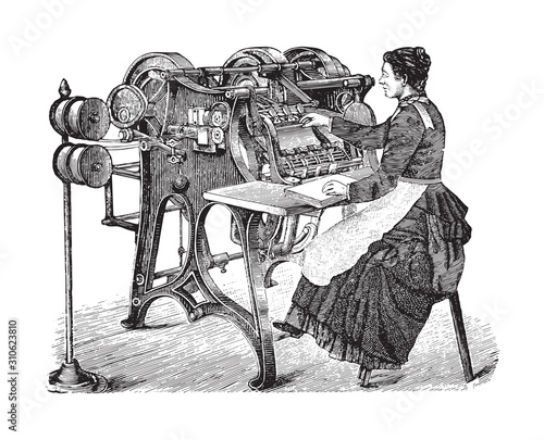 Old wire stitching machine / vintage illustration from Brockhaus Konversations-Lexikon 1908