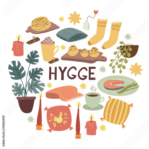 vector set of clipart cozy stuff. hygge house. comfortable christmas. time for yourself, home comfort, delicious food, fresh pastries, home plants, warm plaid, candles, romantic atmosphere. lagom