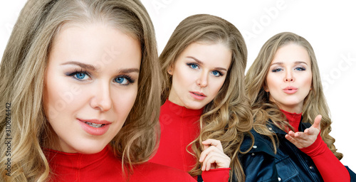 Collage of stylish beautiful woman with wavy hair.