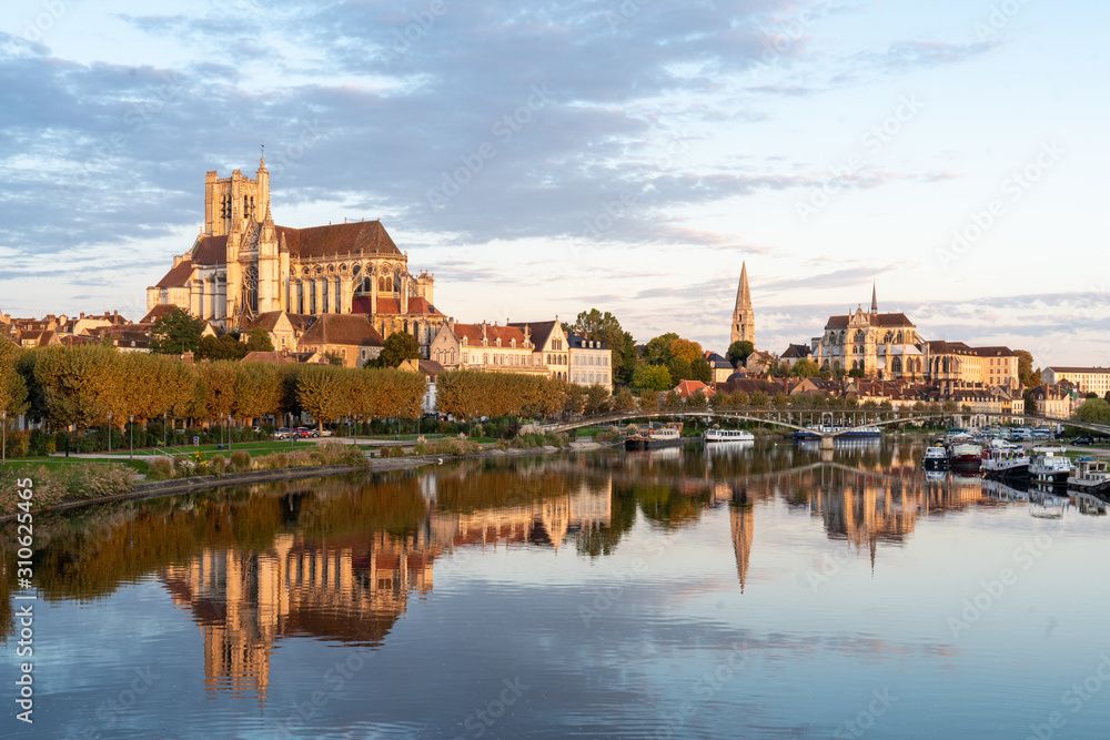View of Beautiful historic town of Auxerre on sunrise time in Burgundy, France.
