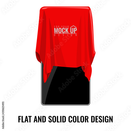 Red silk cloth covered on smartphone. Cartoon style hand drawn flat and solid color style vector illustration.