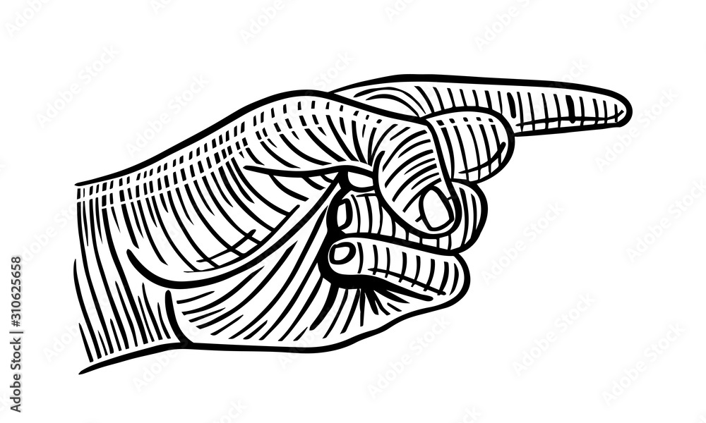 Obraz premium hand pointing finger hand drawn engraved sketch drawing vector
