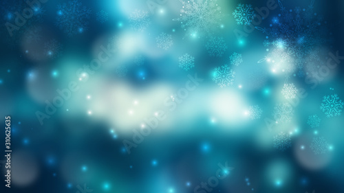 Blurred festive abstract background. Blurry bokeh lights, snowflakes, neon glow