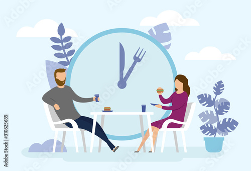 Man and Woman are eating together. Business Lunch Time concept. Big clock with abstract background. Flat style. Vector illustration