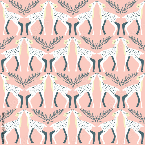 Winter Deers with Leaves Vector Seamless Pattern