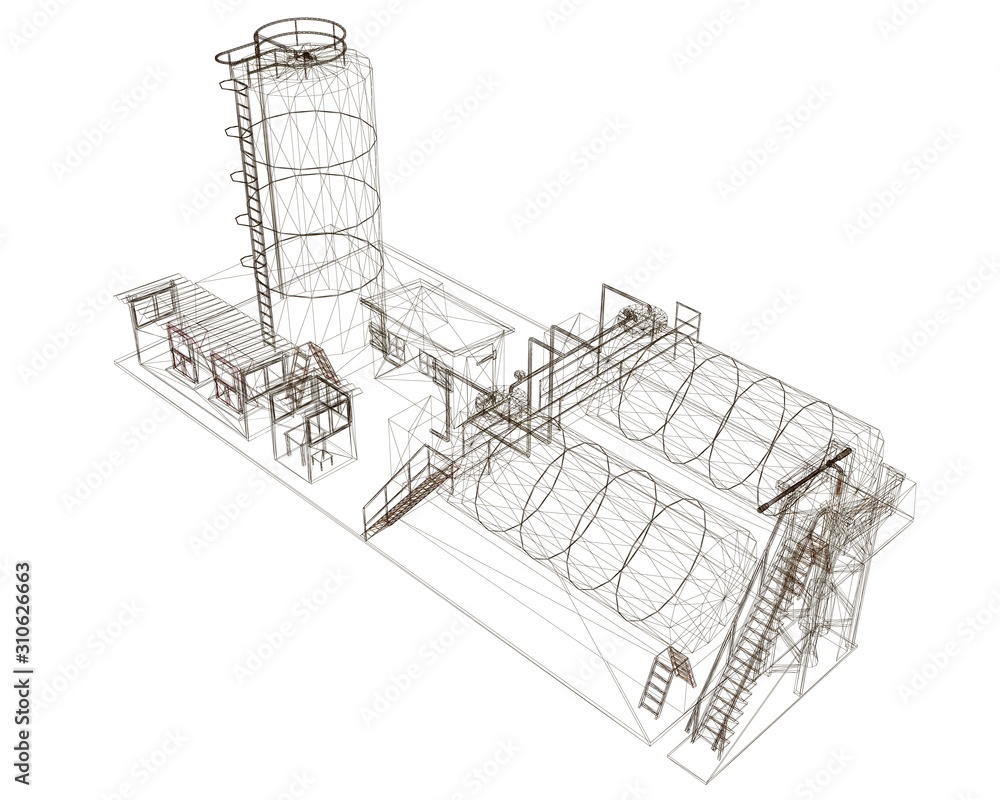 Wireframe of an industrial building with tanks. View isometric. Vector illustration