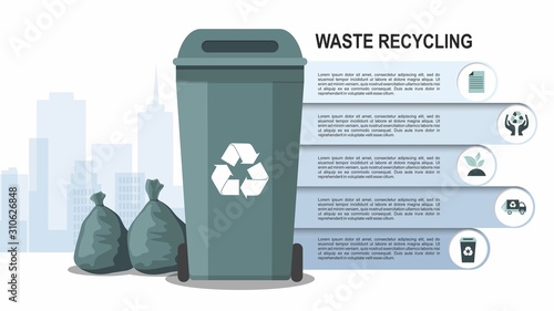 Rubbish bin for recycling different types of waste on city background.  Vector Infographic