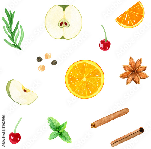 Itemset isolated on white background. Watercolor illustrations hand drawn. Set of spices and herbs for making mulled wine, grog and other drinks from the bar menu