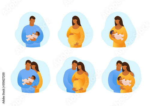 Black African American husband and wife, pregnancy and childbirth. Set of templates for design, antenatal care, postcards. Flat vector illustration isolated on white background.