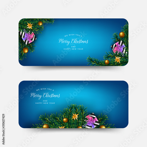 christmas banner, greeting card with realistic decorative elements on blue background