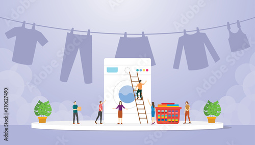 laundry wash machine fashion with people work to clean with modern flat style - vector