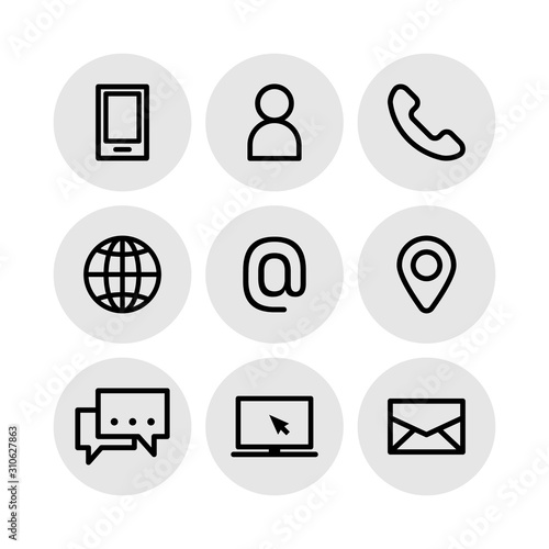 Web design icon set. Business, contact, mailing, location symbols. Linear, simple modern design.
