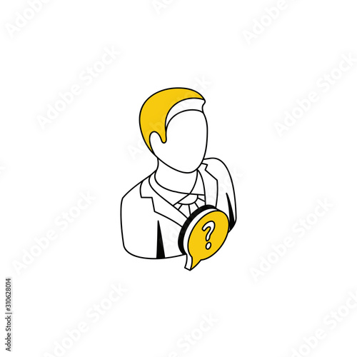 User avatar businessman chat bubble FAQ. Vector line, 3d stroke isometric, color web icon, new flat style. Creative illustration design, abstract idea for infographics.