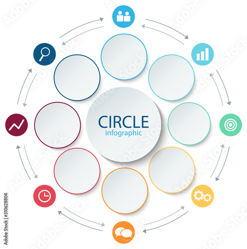 Abstract round infographics 8 step. Business template presentation circular lines and color circle with icon. Color paper diagram. Vector illustration.